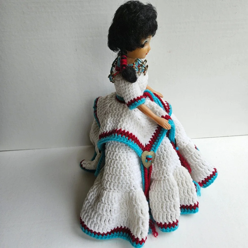 Vintage 12 Inch Fashion Doll Hand Crochet White Turquoise Burgundy Dress Beaded